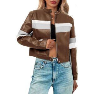 ⭐ Tankaneo Women's Cropped Faux Leather Moto Jacket Color Block Racing Coat